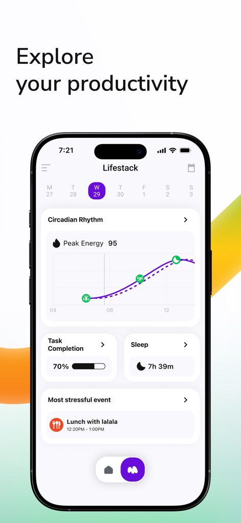 Lifestack: Circadian Planner - iPhone screen displaying the Lifestack app dashboard with a circadian rhythm energy graph and task completion stats