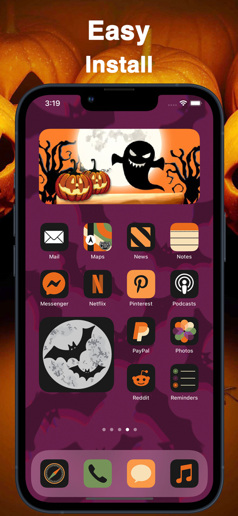 Themery - Widget & Icon Themes - Halloween aesthetic home screen on an iPhone featuring spooky ghost and pumpkin widgets with matching custom app icons