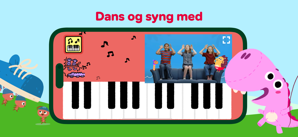 A child-friendly piano game interface with sing-along videos from the DR Minisjang app