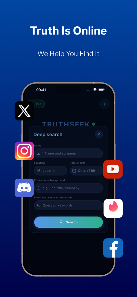 Deep Search AI app showing search fields for people finders including name location and professional background with social media icons