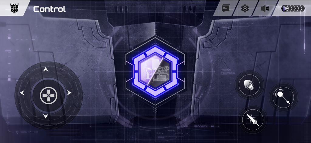 La interfaz de control remoto de la aplicación Robosen Megatron G1 con un pad direccional y botones de acción para el movimiento del robot