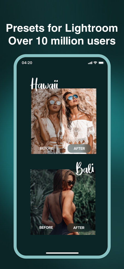 Before and after photo editing examples using Hawaii and Bali presets in the Lightroom editor app.