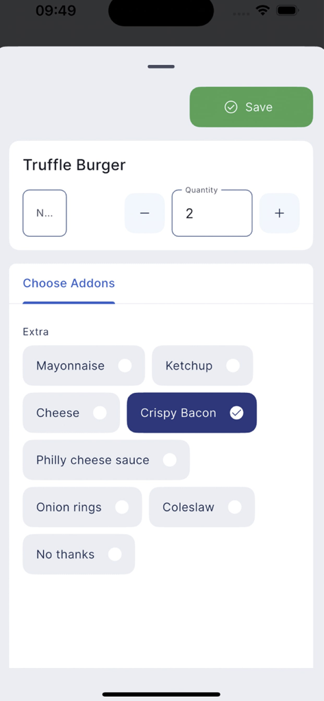 Twine POS - Twine POS app interface showing product customization with quantity adjustment and addon selection for a truffle burger
