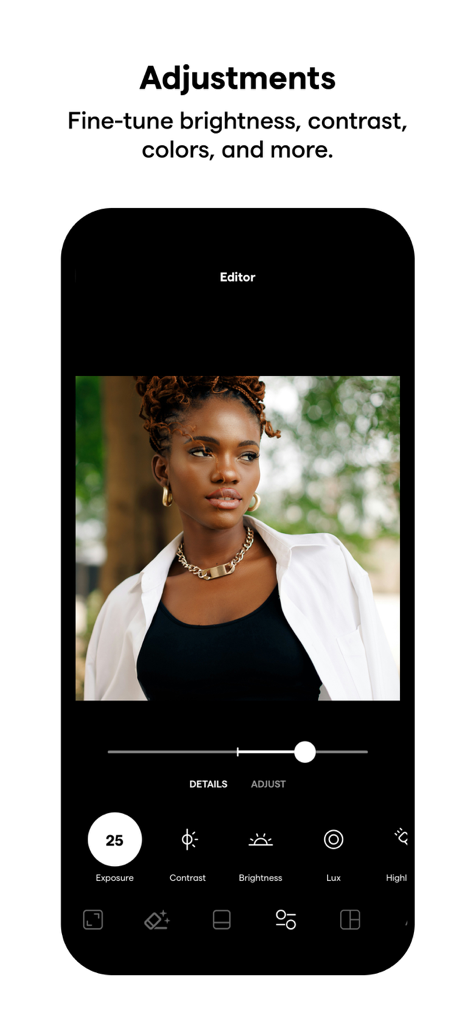 Una pantalla móvil que muestra las herramientas de ajuste de Instasize para ajustar finamente el brillo y el contraste en una foto de retrato.