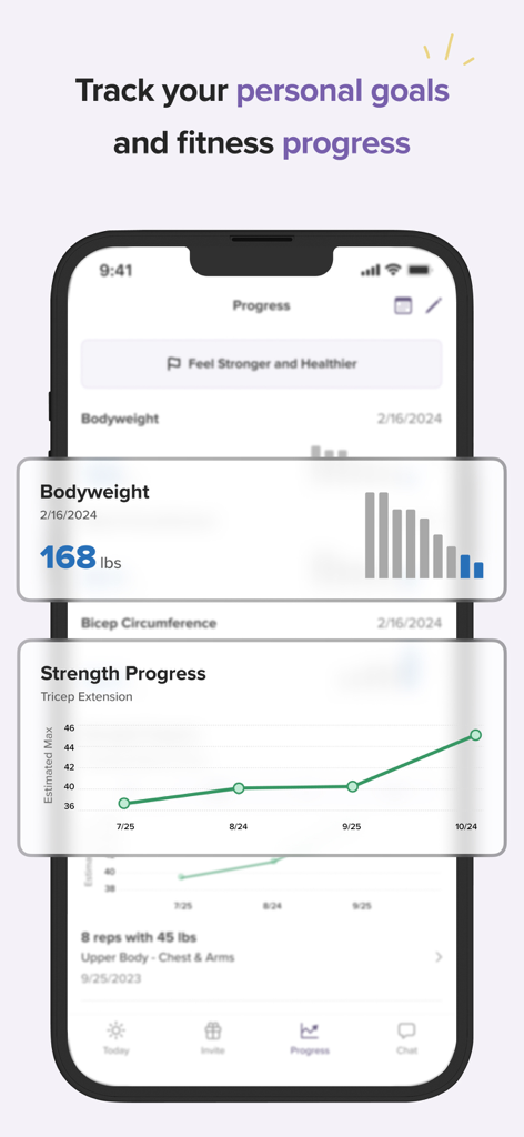 체중 추적 및 삼두근 운동 강도 진행 상황에 대한 차트를 보여주는 모바일 앱 인터페이스