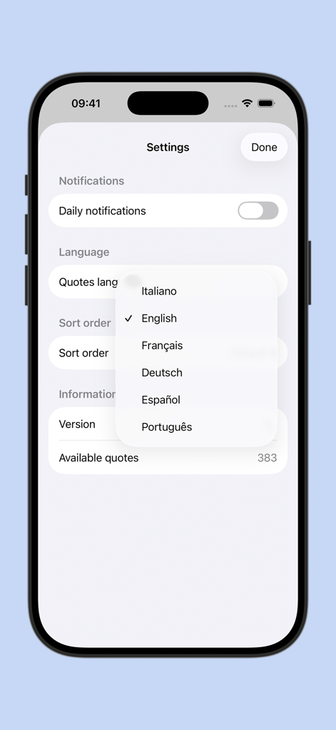 Quote οf the day - 言語選択と通知オプションが表示された「今日の格言」モバイルアプリの設定画面