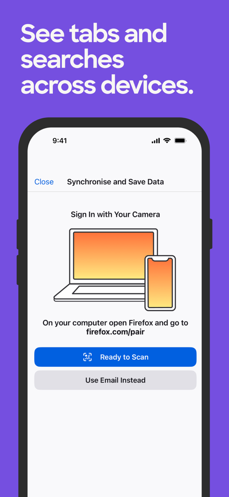 Firefox mobile app screen showing options to synchronise and save data across devices using a camera to scan a QR code