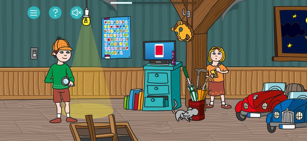 Artikulation - Una sala de juegos animada y colorida con personajes infantiles y objetos coloridos de la aplicación de logopedia Artikulation.