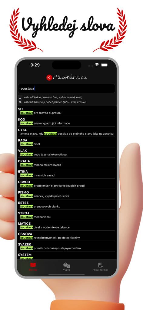 Křížovkářský slovník - Interfaz de una aplicación móvil de diccionario de crucigramas checo que muestra resultados de búsqueda para una palabra específica.