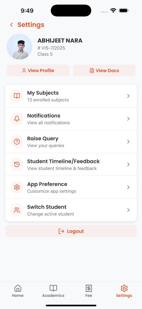 Settings screen of the Students Portal app showing student profile details and menu options for subjects and notifications