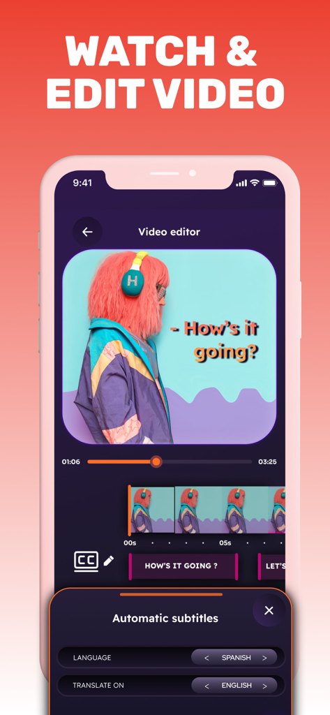 TubeMate mobile app interface for editing videos and adding automatic subtitles