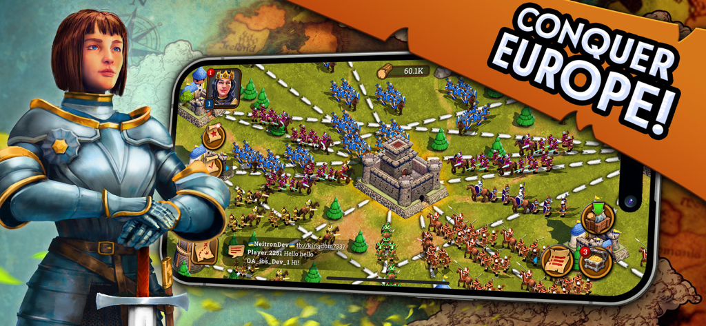 A female knight in armor next to a smartphone showing a medieval castle siege with the text Conquer Europe