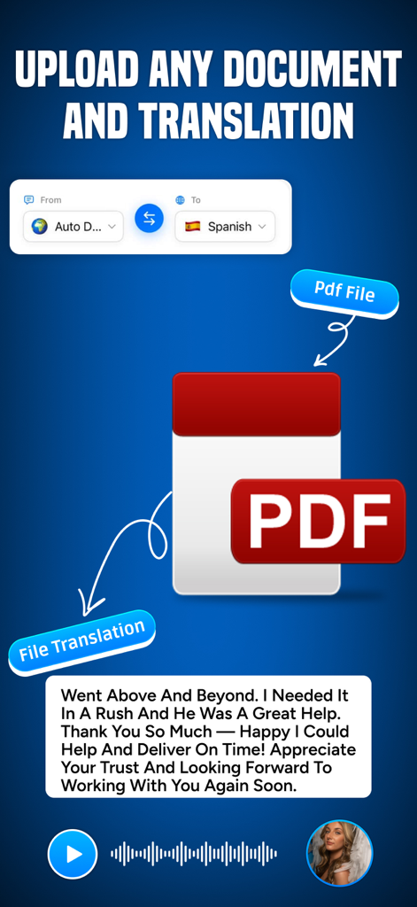 AI Translator – Go Translate - Oberfläche, die die PDF-Dokumentenübersetzungsfunktion in der AI Translator App zeigt