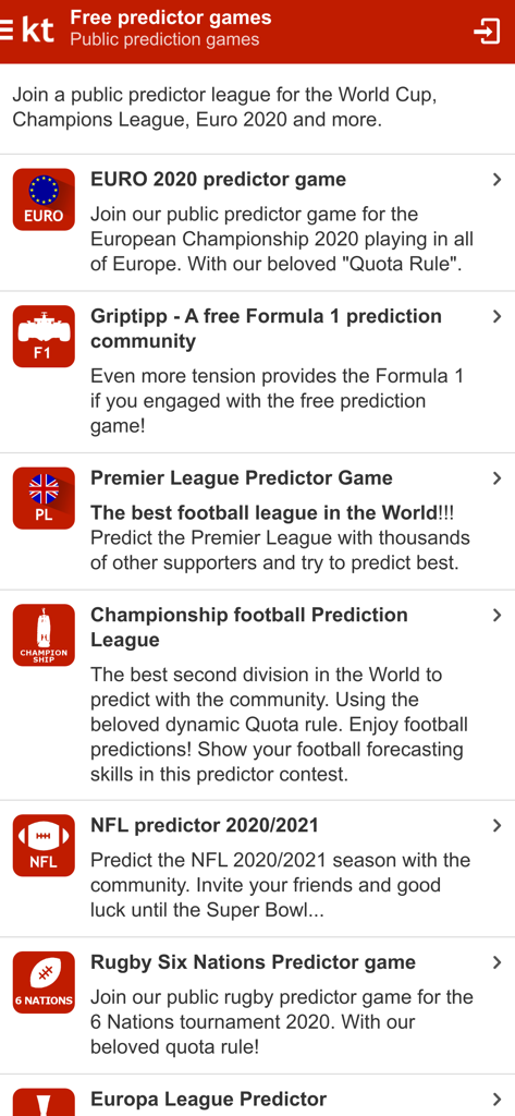 Interfaz de la aplicación Kicktipp mostrando varios juegos de predicción deportiva públicos para fútbol americano, NFL y Fórmula 1