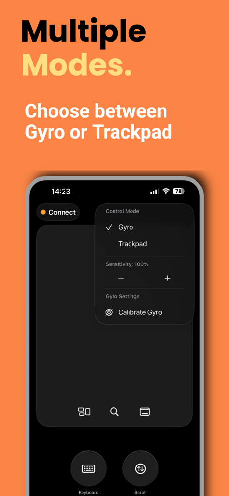 PhoneMouse - Mouse Alternative - PhoneMouse app interface showing options to choose between Gyro and Trackpad control modes