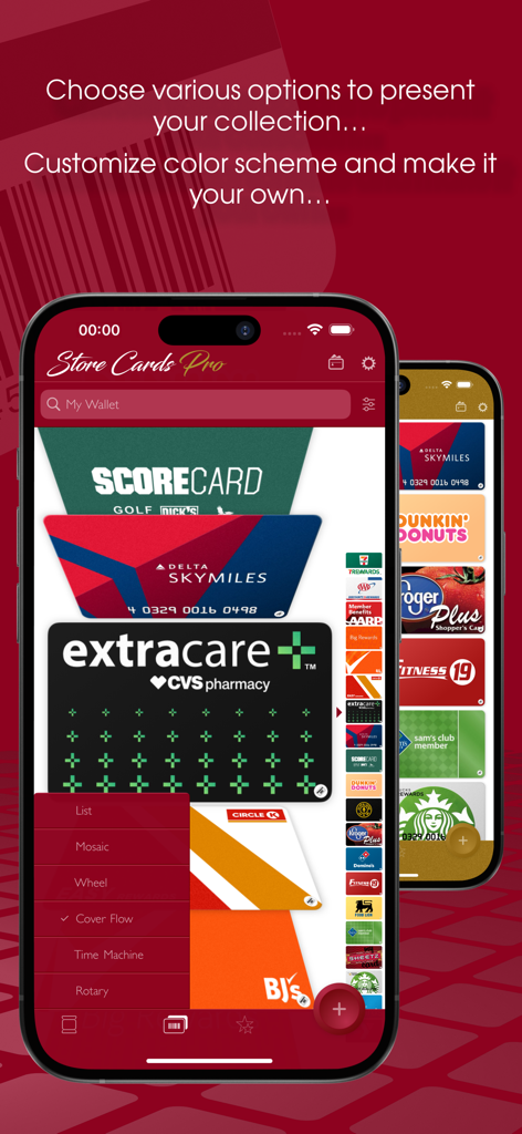 Oberfläche der Store Cards App, die verschiedene Anzeigeoptionen wie Cover Flow zur Organisation digitaler Treuekarten zeigt