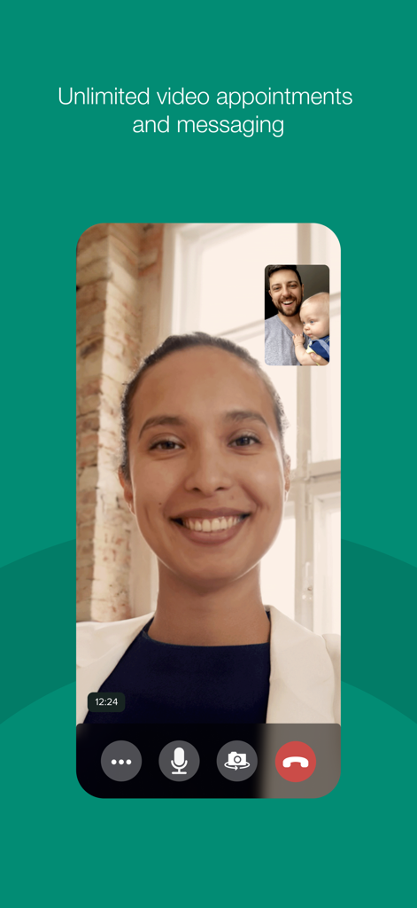 A woman smiling during a virtual video appointment with a healthcare specialist on the Maven Clinic app.