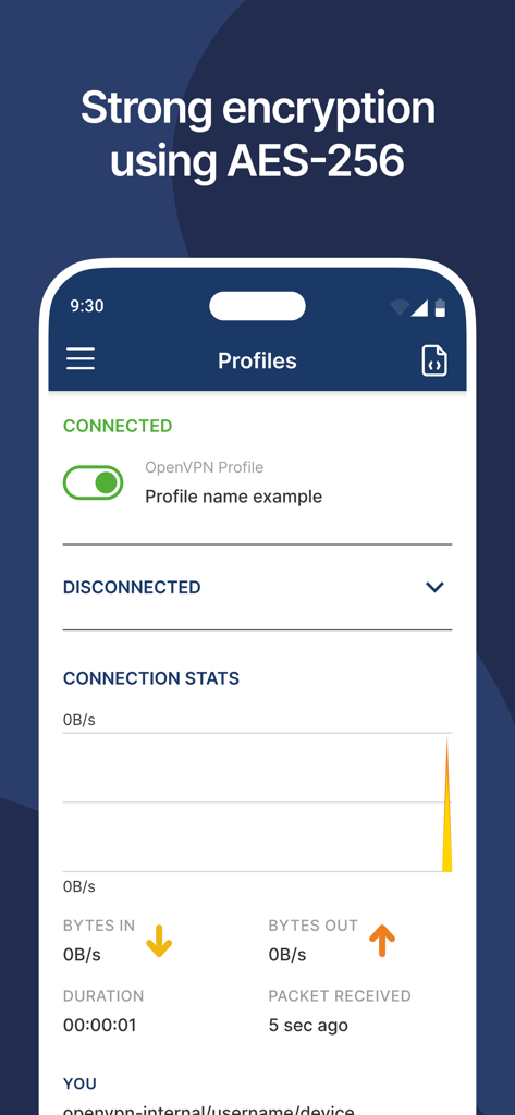 接続されたVPNプロファイルとライブ接続ステータスを表示するOpenVPN Connectダッシュボード。