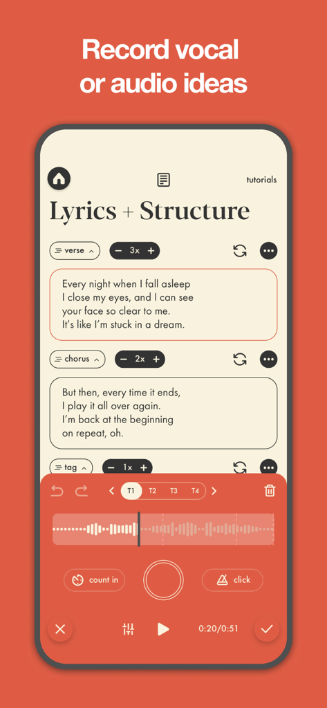 Interface of the Demo songwriting app showing lyrics for a verse and chorus with a red vocal recording panel at the bottom.