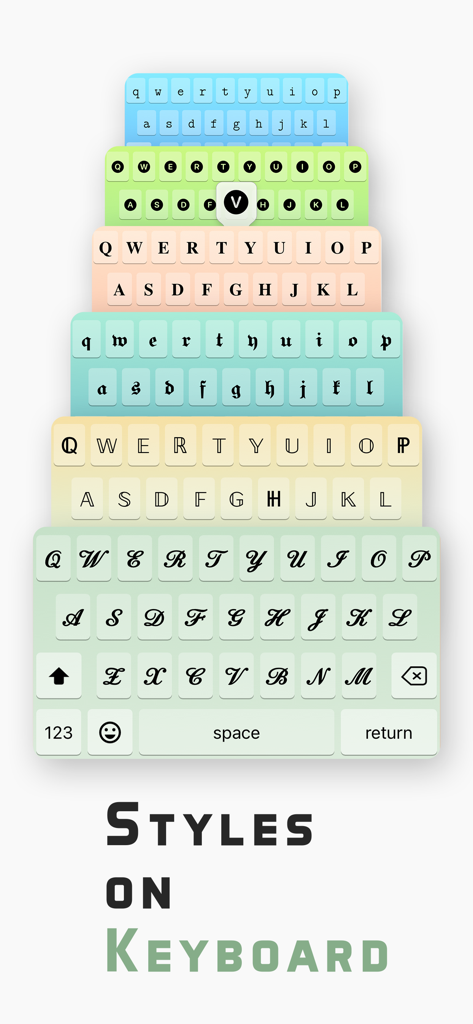 A stack of colorful mobile keyboards showcasing different font styles like cursive and gothic