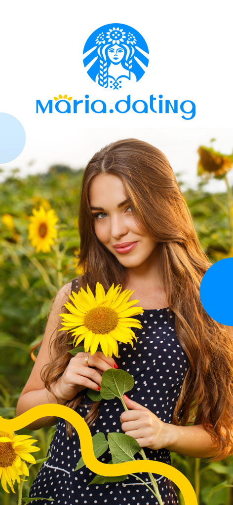 Eine Frau hält Sonnenblumen in einem Feld auf dem Maria Dating App Startbildschirm