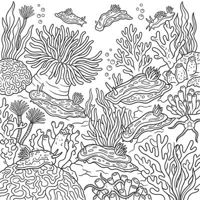 Dive into an enchanting underwater adventure with this delightful coral reef creatures coloring page designed for kids. Discover friendly sea slugs, waving anemones, and intricate corals ready for a splash of color.