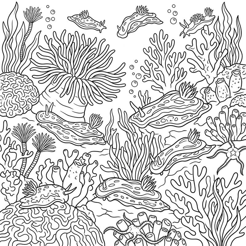 Dive into an enchanting underwater adventure with this delightful coral reef creatures coloring page designed for kids. Discover friendly sea slugs, waving anemones, and intricate corals ready for a splash of color.