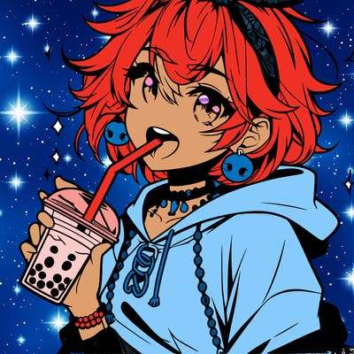 hot baddie anime girl drinking boba and biting the straw