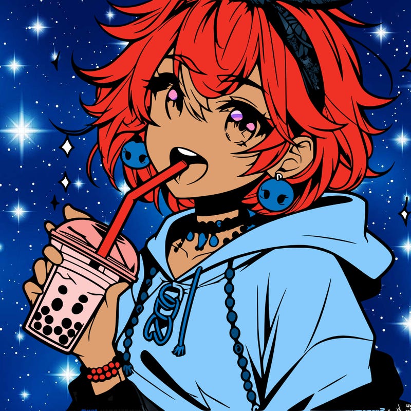 hot baddie anime girl drinking boba and biting the straw