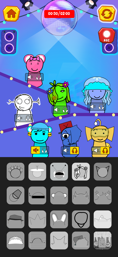 Horror Beats: Scary Music - 다채로운 캐릭터와 사운드 선택 그리드가 있는 호러 비트 음악 게임의 게임 플레이 화면