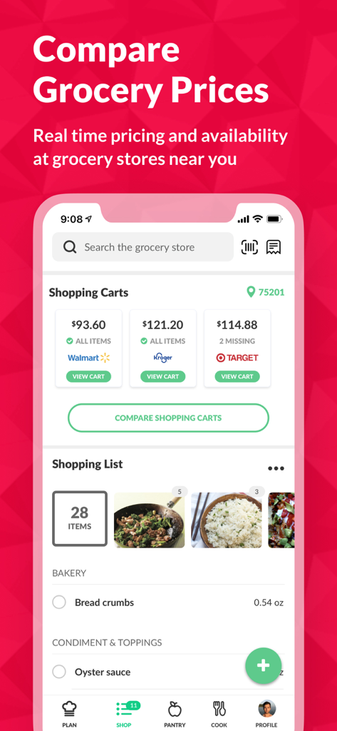 Cooklist: Pantry Meals Recipes - Mobile app interface showing grocery price comparisons between Walmart, Kroger, and Target stores for a shopping list.