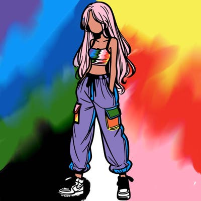 girl in baggy pants crop top and long hair