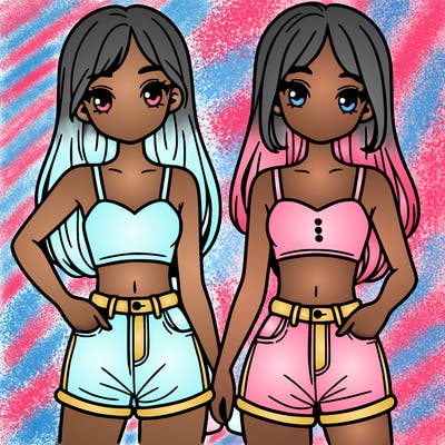 two sisters with crop tops and jean shorts and straight hair