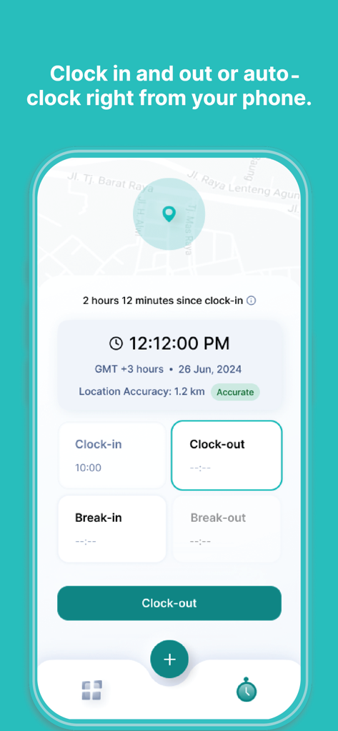 ZenHR - ZenHR mobile app interface showing the clock in and clock out feature for employees