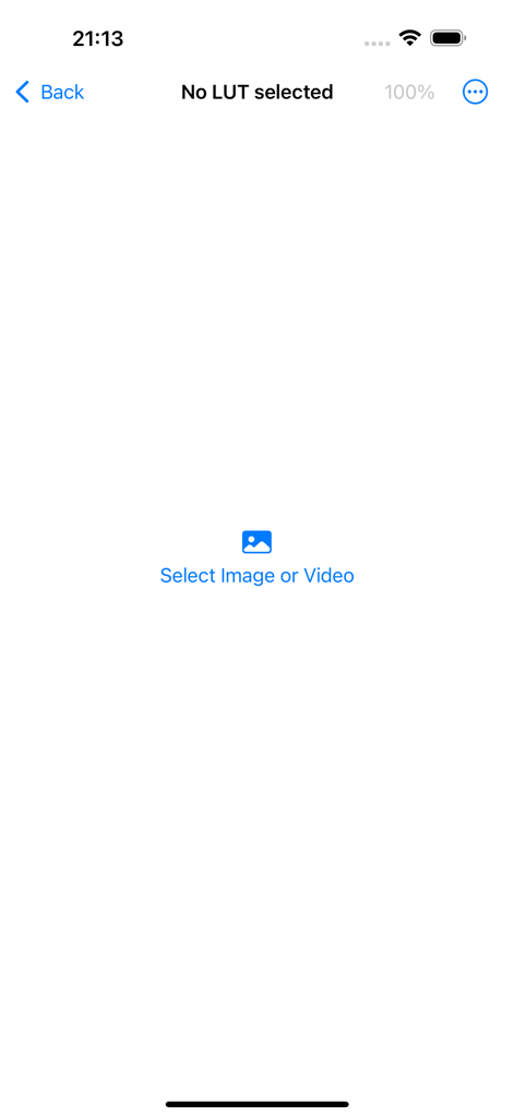 Interfaz de la aplicación LUT Viewer que muestra una indicación para seleccionar una imagen o video.