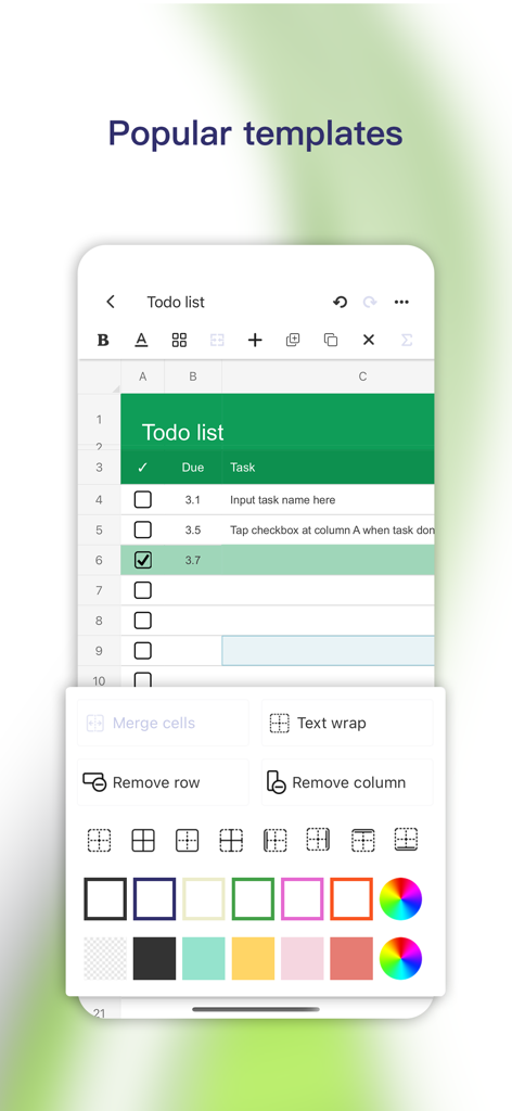 Mobile interface of the Simple Spreadsheet app showing a todo list template and cell formatting tools