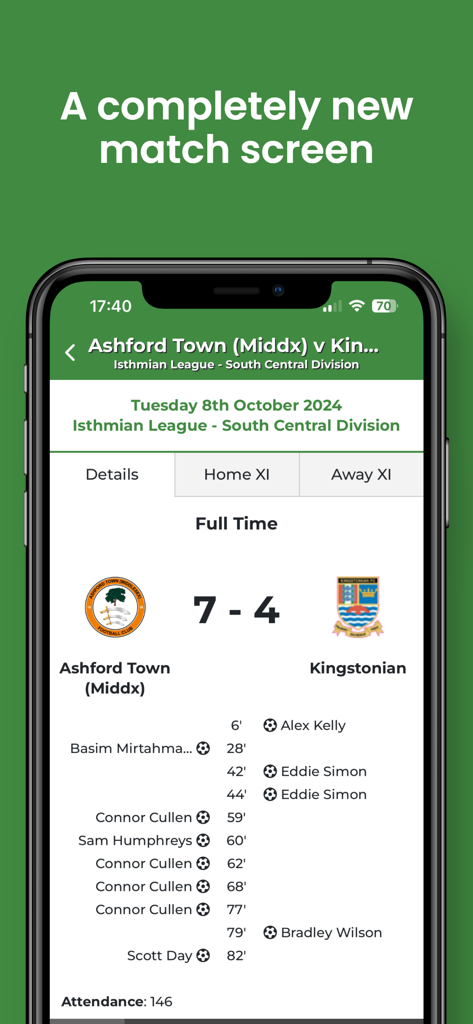 Football Web Pages v2 - A screenshot of the Football Web Pages app showing a detailed match result between Ashford Town and Kingstonian with a final score of 7-4.