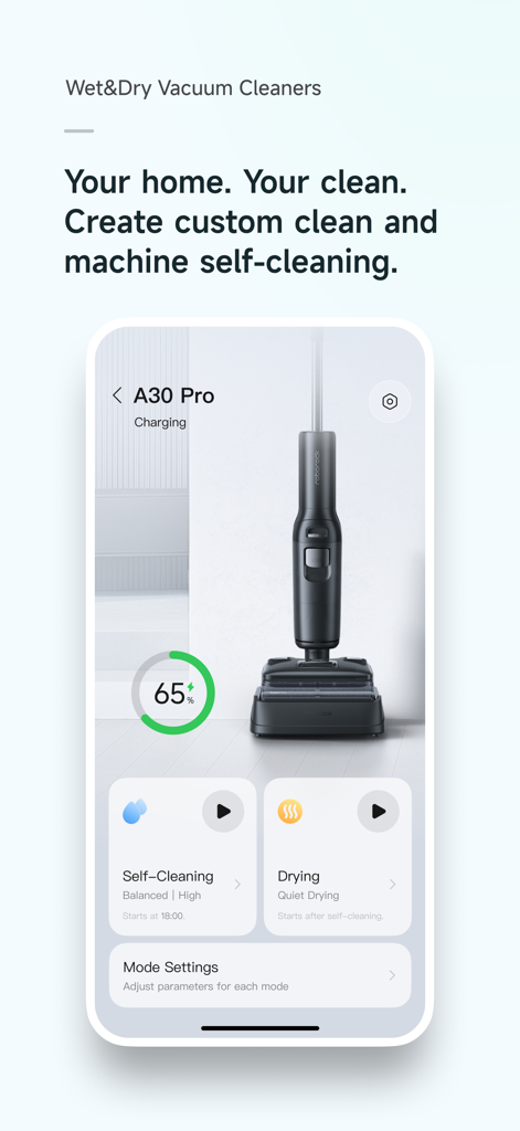 Interfaz de la aplicación Roborock para aspiradoras de líquidos y sólidos que muestra controles de autolimpieza y secado para el modelo A30 Pro