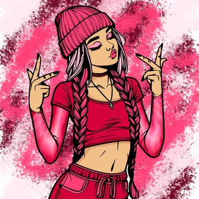 realistic teenage girl with braids and a beanie and crop top doing 🫶🏼
