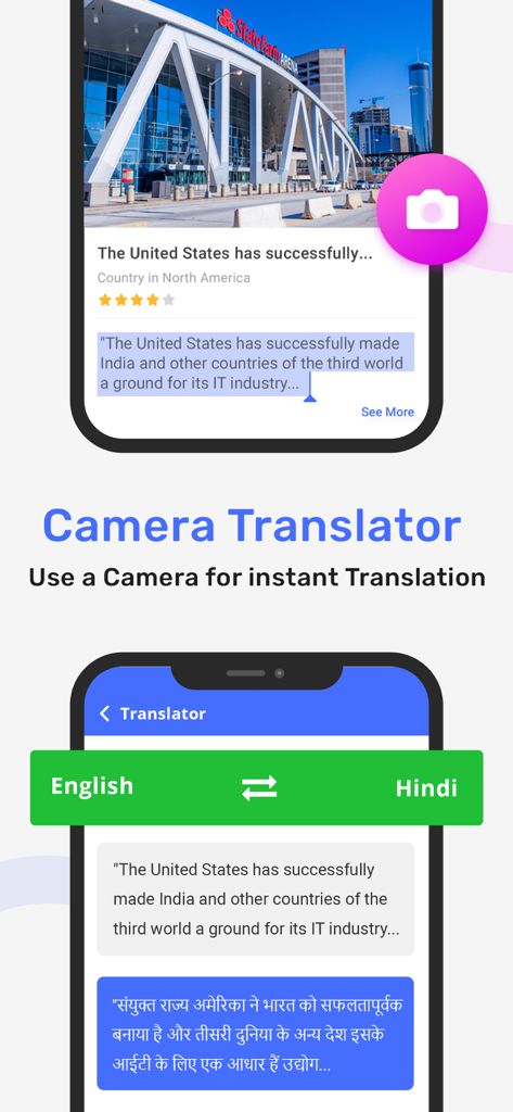 Hindi to English camera translator app interface showing instant text translation from English to Hindi