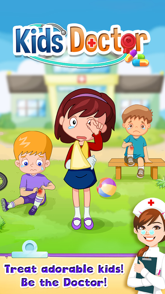 Pantalla del juego Doctor para Niños mostrando niños con heridas leves y una enfermera lista para ayudar