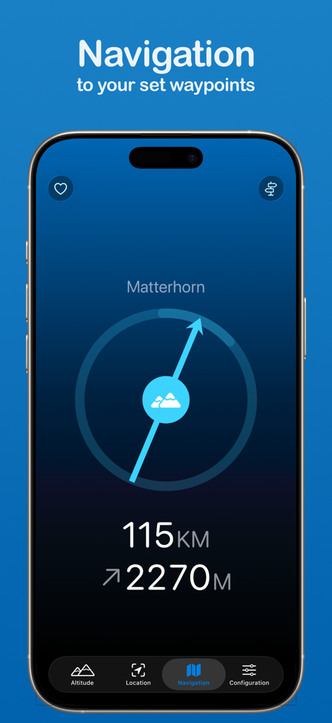 Iphone screenshot of the Altimeter app showing navigation to a saved waypoint with distance and altitude information