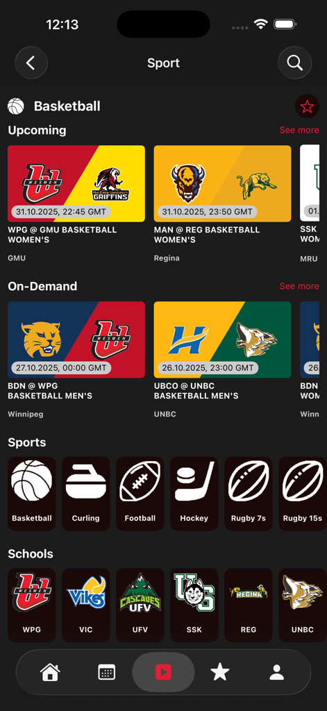 CanadaWest.TV - CanadaWest.TV mobile app screen showing basketball games sports categories and university school logos
