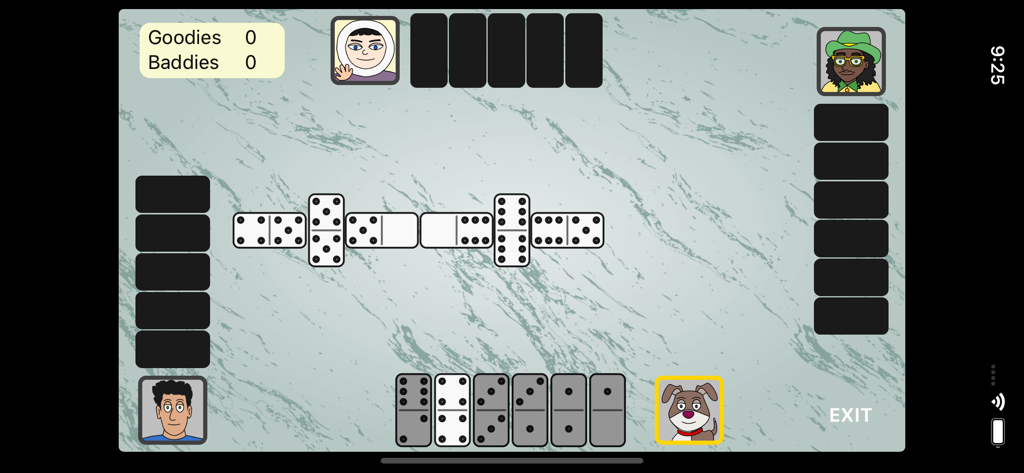 Partnership Dominoes - Gameplay screen of Partnership Dominoes showing four players and tile layout on a marble background