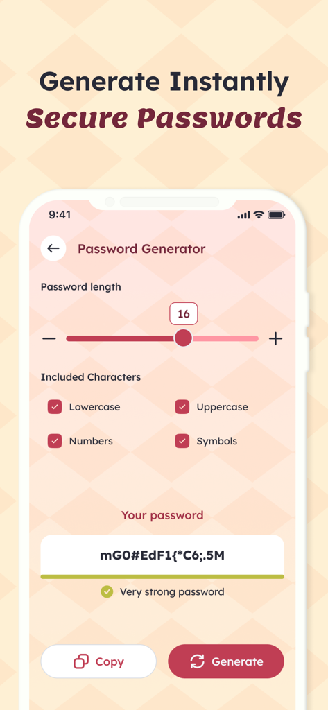 RandomX: Randomizer - RandomX app interface showing the secure password generator feature with options for length and character selection
