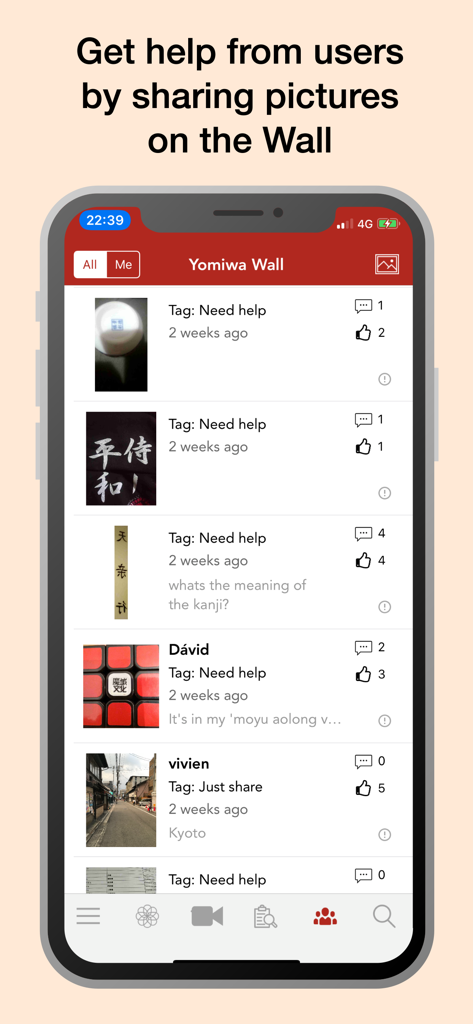 Yomiwa - Japanese Dictionary - Smartphone screen showing the Yomiwa Wall where users share pictures and ask for Japanese translation help