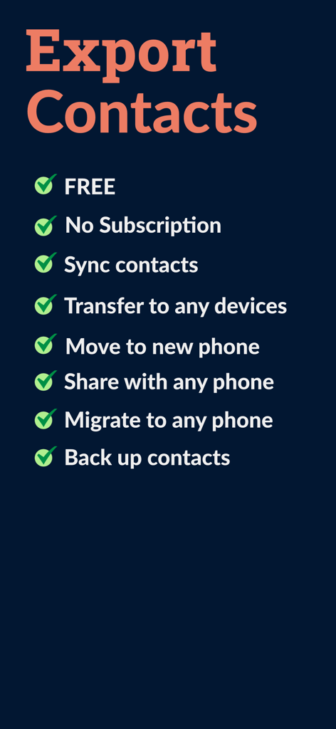 Contacts: MC backup & Exporter - Liste der Hauptfunktionen der Kontakte MC Backup und Exporter App, die Backup- und Sync-Optionen hervorhebt.