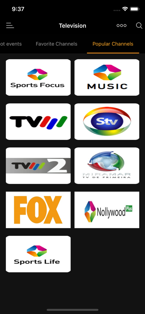 MovTV - Uma interface móvel exibindo uma grade de logotipos de canais de televisão populares, incluindo Sports Focus Music TVM e STV