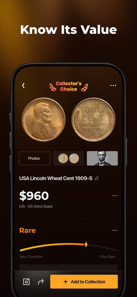 CoinSnap mobile app displaying the value and rarity of a 1909-S Lincoln Wheat Cent coin.