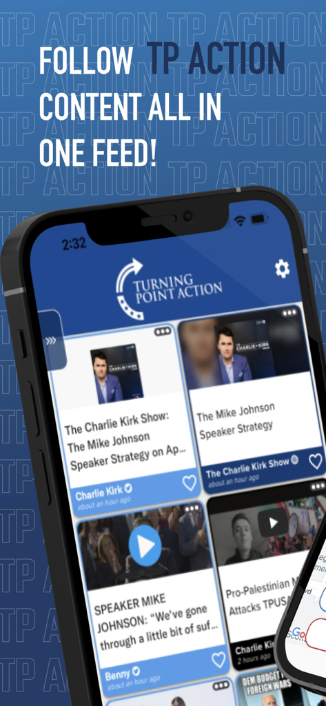 TPACTION - Smartphone-Bildschirm, der den Nachrichten-Feed der TPACTION-App mit politischen Inhalten von konservativen Erstellern anzeigt